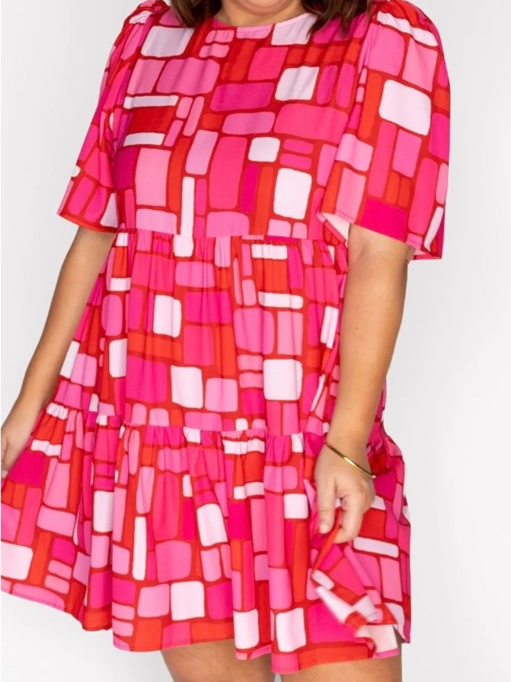 Bright Pink & Red Geometric Tiered Mini Dress